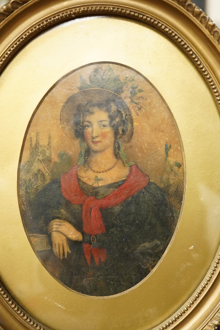 English School, 19th century, portrait of Elizabeth Finney, c.1840, details verso, oval oil on parchment, 17 x 12cm